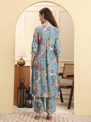 sea green floral print a-line kurta trouser set 3