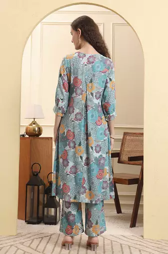 sea green floral print a-line kurta trouser set