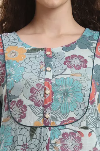 sea green floral print a-line kurta trouser set