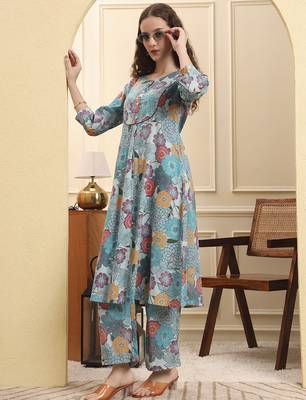 sea green floral print a-line kurta trouser set 5
