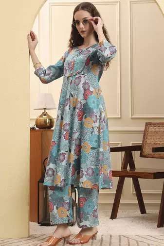 sea green floral print a-line kurta trouser set