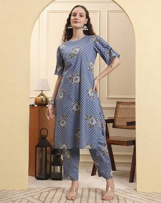 blue checked print straight kurta trouser set 1