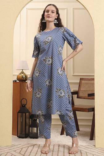 Yufta blue checked print straight kurta trouser set