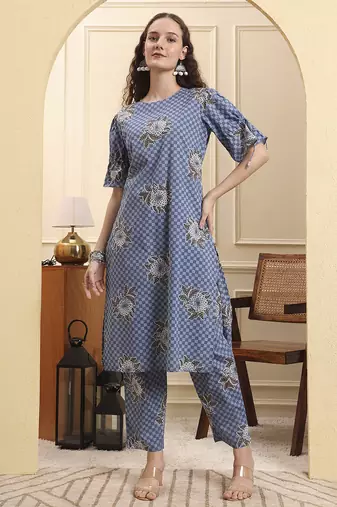Yufta blue checked print straight kurta trouser set