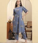 blue checked print straight kurta trouser set