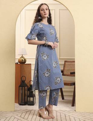 blue checked print straight kurta trouser set 2