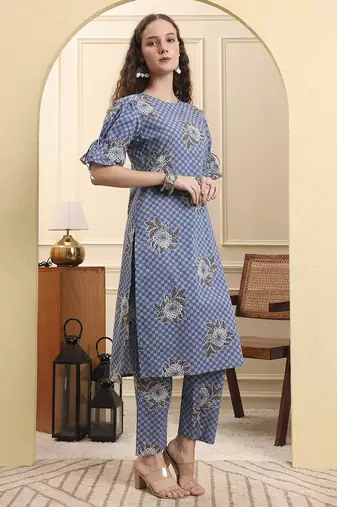 blue checked print straight kurta trouser set
