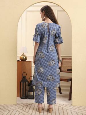 blue checked print straight kurta trouser set 3
