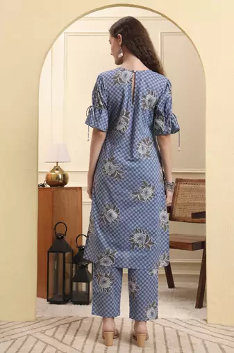 blue checked print straight kurta trouser set