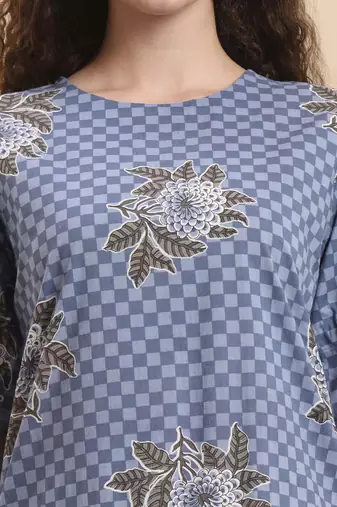 blue checked print straight kurta trouser set
