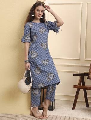 blue checked print straight kurta trouser set 5