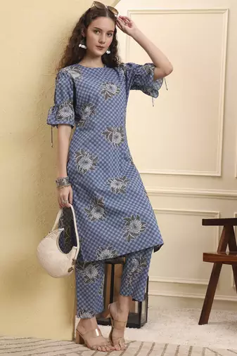 blue checked print straight kurta trouser set