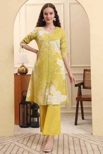 Yufta lime green pure cotton a line kurta set