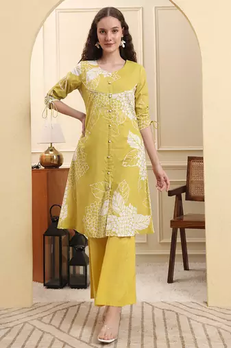 Yufta lime green pure cotton a line kurta set