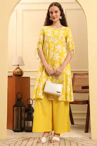 Yufta yellow pure cotton  kurta set