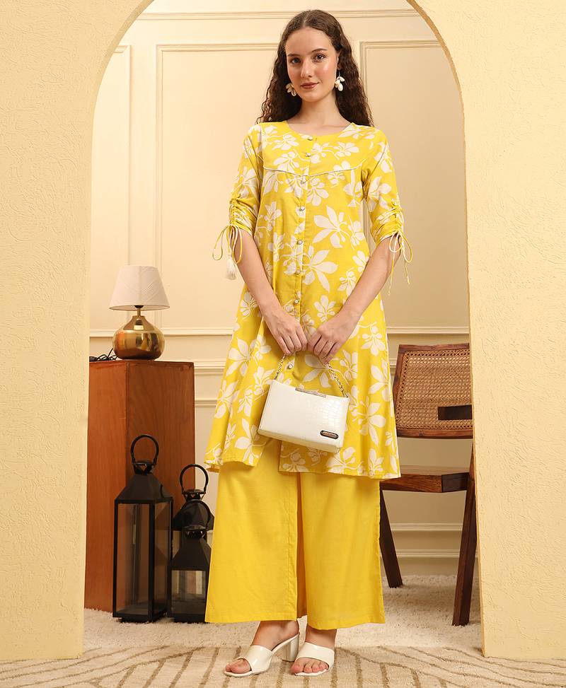 Yufta yellow pure cotton  kurta set