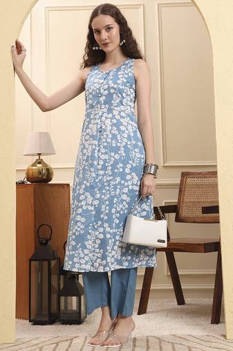 Yufta blue floral print a-line kurta trouser set