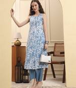 blue floral print a-line kurta trouser set