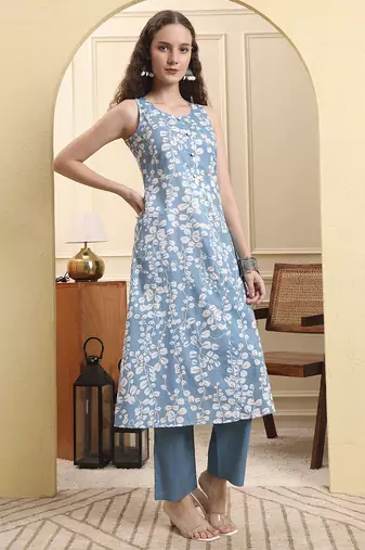 blue floral print a-line kurta trouser set