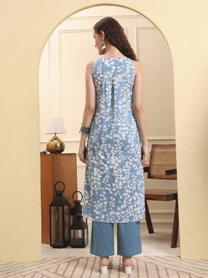 blue floral print a-line kurta trouser set 3
