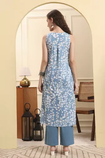 blue floral print a-line kurta trouser set