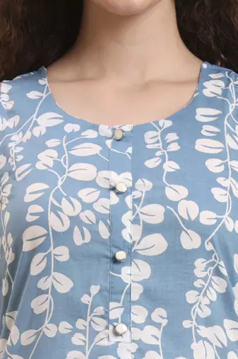 blue floral print a-line kurta trouser set