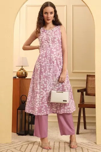 Yufta purple cotton flared kurta set