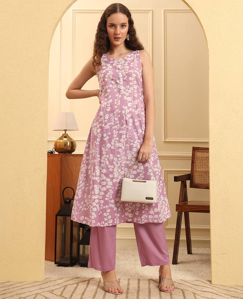 Yufta purple cotton flared kurta set