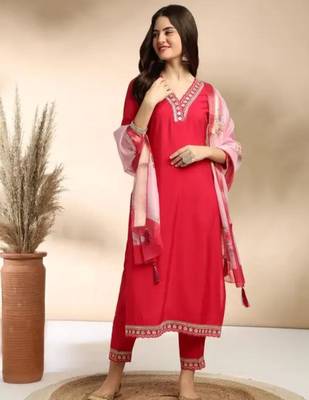 Red Rayon embroidery work kurta set with chanderi jaquard dupatta 2