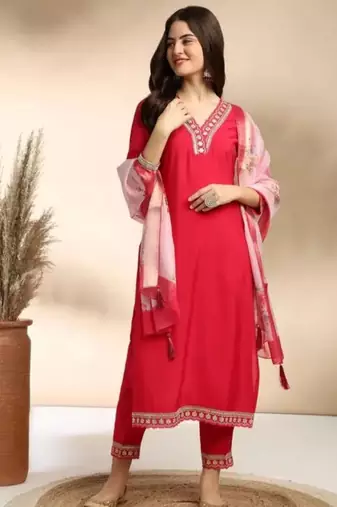 Red Rayon embroidery work kurta set with chanderi jaquard dupatta