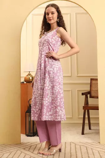 purple cotton flared kurta set