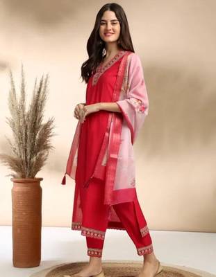 Red Rayon embroidery work kurta set with chanderi jaquard dupatta 3