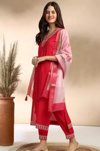Red Rayon embroidery work kurta set with chanderi jaquard dupatta