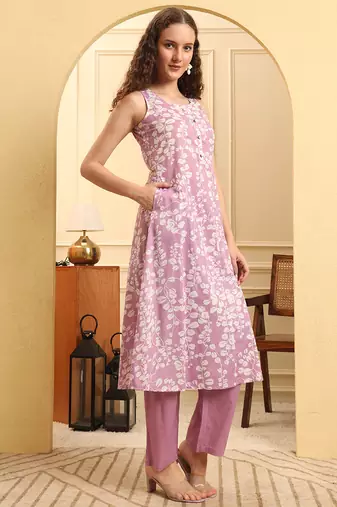 purple cotton flared kurta set