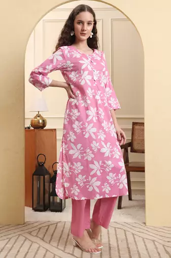 pink pure cotton straight kurta trouser set