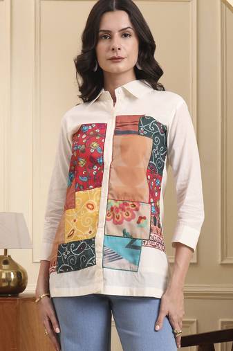 Yufta white pure cotton patchwork shirt style top with lining