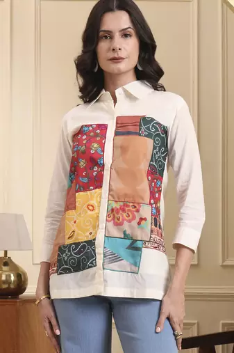 Yufta white pure cotton patchwork shirt style top with lining