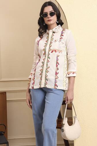 Yufta white pure cotton patchwork shirt top