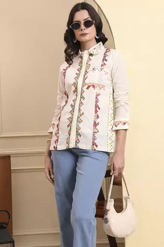 Yufta white pure cotton patchwork shirt top