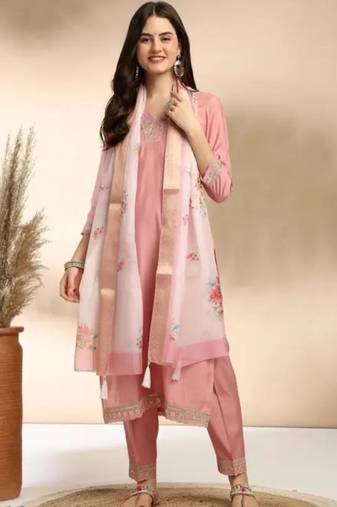 Stylish designer rayon biscuit slub fabric embroidery work kurta set with chanderi jaquard dupatta