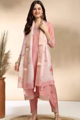 Stylish designer rayon biscuit slub fabric embroidery work kurta set with chanderi jaquard dupatta