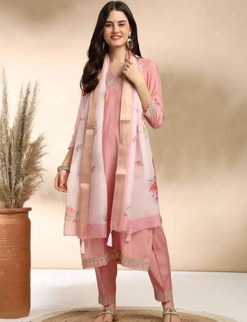 Stylish designer rayon biscuit slub fabric embroidery work kurta set with chanderi jaquard dupatta