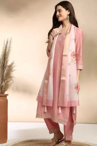 Stylish designer rayon biscuit slub fabric embroidery work kurta set with chanderi jaquard dupatta