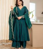 green zari wor a-line vichitra silk kurta palazzo dupatta set