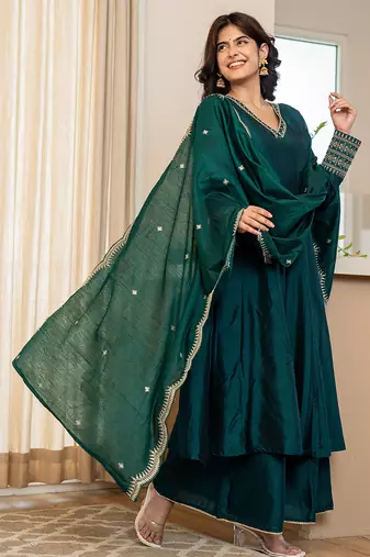 green zari wor a-line vichitra silk kurta palazzo dupatta set