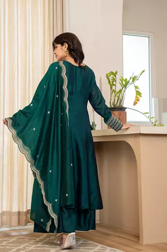 green zari wor a-line vichitra silk kurta palazzo dupatta set