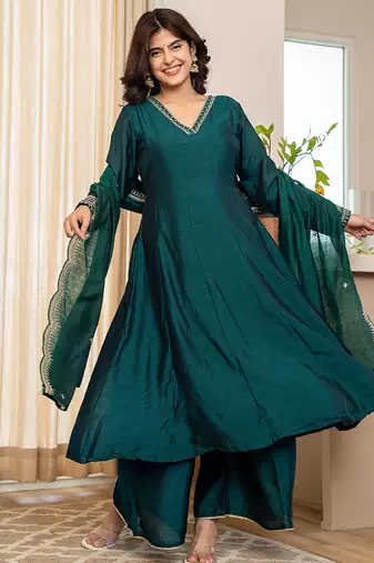 green zari wor a-line vichitra silk kurta palazzo dupatta set
