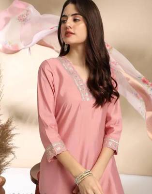 Stylish designer rayon biscuit slub fabric embroidery work kurta set with chanderi jaquard dupatta 3
