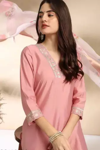 Stylish designer rayon biscuit slub fabric embroidery work kurta set with chanderi jaquard dupatta