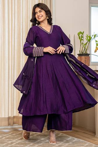Yufta violet zari wor a-line vichitra silk kurta palazzo dupatta set